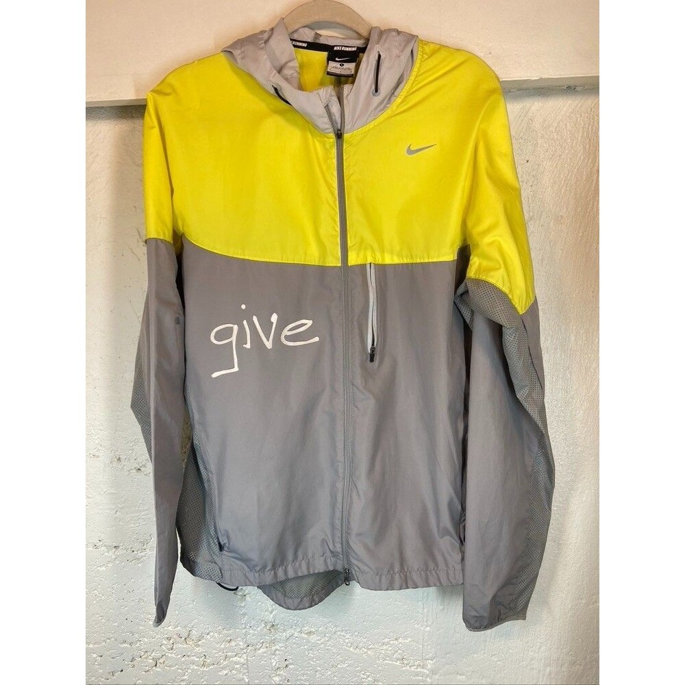 NIKE RUNNING WOMENS SIZE LARGE FULL ZIP HOODED RAIN JACKET WIND BREAKER YELLOW